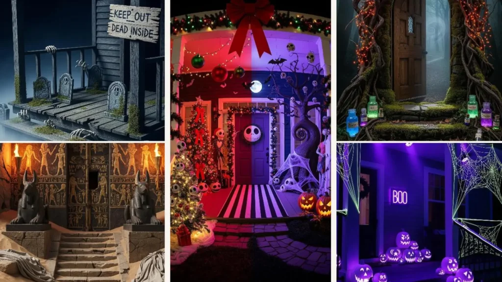 Ein gruselig dekorierter Halloween-Eingang mit Kürbissen, Spinnweben und Lichtern für einen einladenden Spuk-Look.