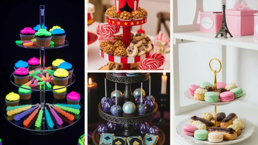 Collage mit kreativen Etagere Deko-Ideen für eine Geburtstagsparty. Bunte Süßigkeiten mit Wow-Effekt.