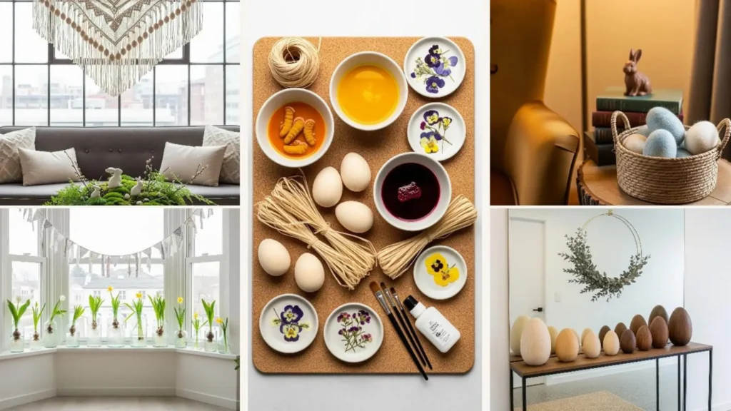 Vielfältige nachhaltige Osterdeko-Ideen: Natürlich gefärbte Eier, Hasen und frische Pflanzen für ein umweltfreundliches Fest.
