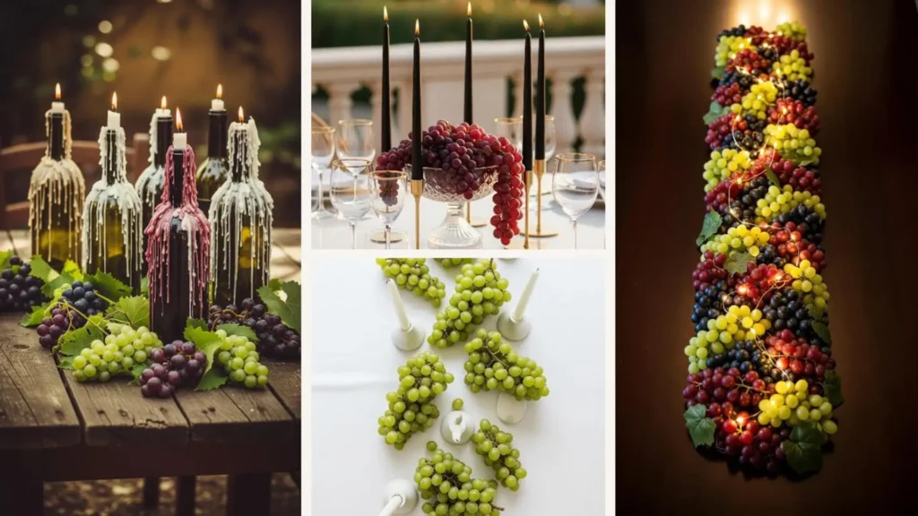 Romantische italienische Tischdeko mit Weintrauben und brennenden Kerzen für einen stimmungsvollen Abend.