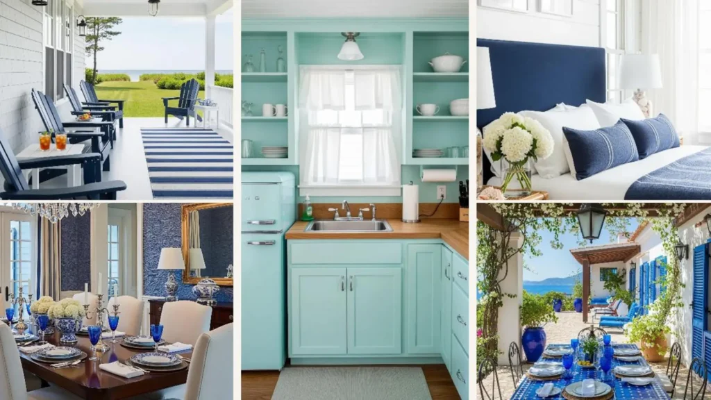 Strandhaus-Sommerdeko in ruhigen Meerestönen: blaue Lounge-Möbel, mintgrüne Küche und ein gedeckter Tisch am Meer.