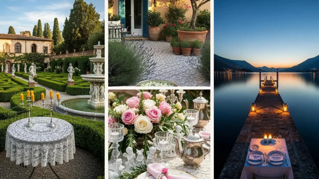 Wunderschöne italienische Tischdeko für ein unvergessliches Candle-Light-Dinner im Garten mit Kerzenleuchtern und Blumen.