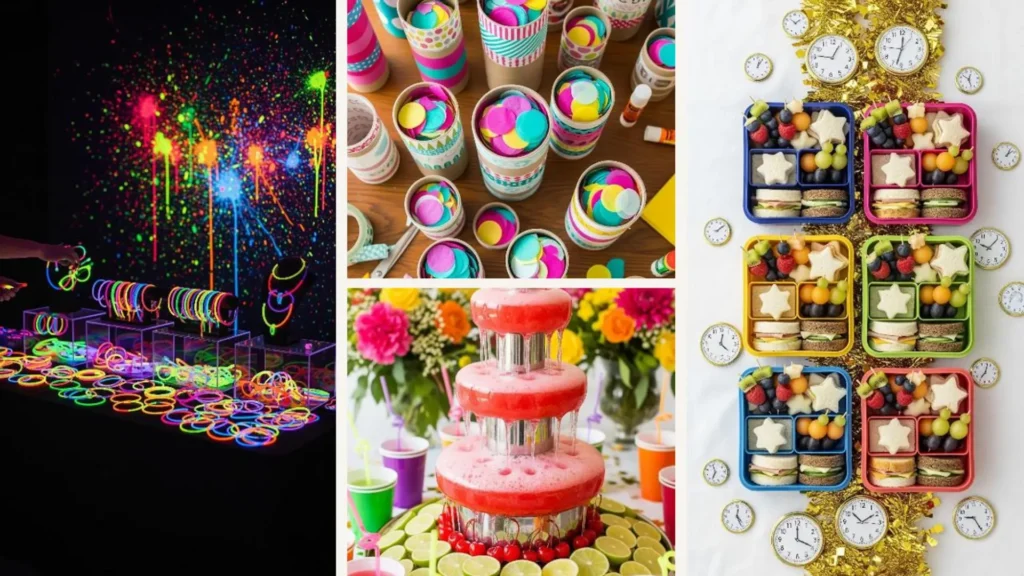 Bunte Brotdosen mit Sternenbroten und Obst für eine verspielte Neujahrsparty für Kinder, umgeben von kleinen Uhren.