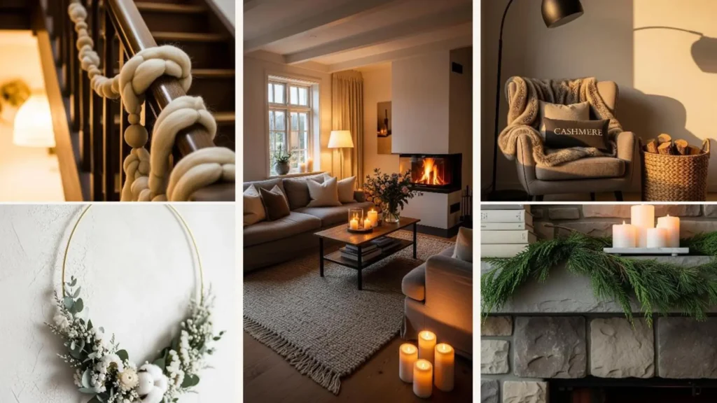 Elegante Winter-Dekoideen in Naturtönen für ein Hygge-Zuhause: Kamin, Kerzen, kuschelige Textilien und natürliche Girlanden.