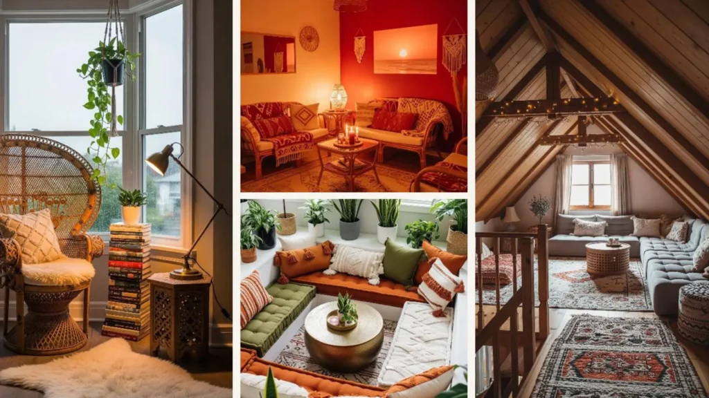 Collage mit vier entspannten Boho-Wohnideen für gemütliche Regentage oder einen Netflix-Abend.