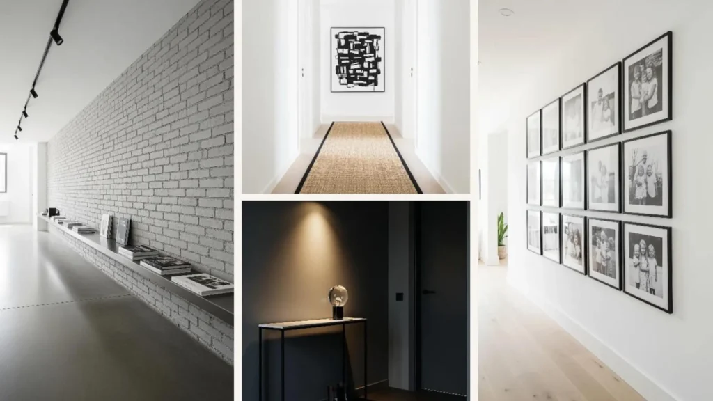 Minimalistische Flur-Ideen für mehr Ordnung: Collage mit vier aufgeräumten und modernen Eingangsbereichen.