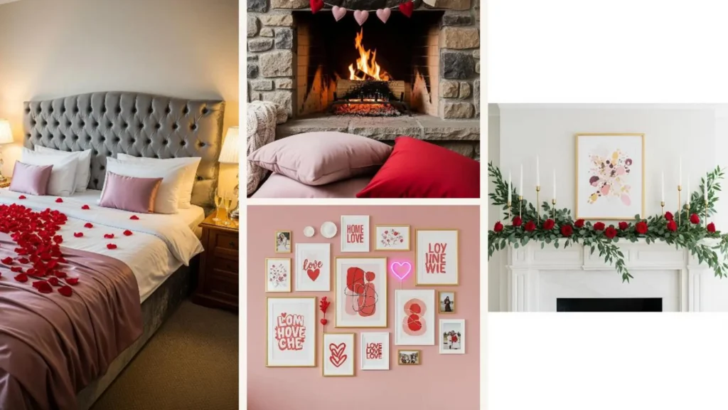 Fotogene Valentinstag-Sets für Instagram & Pinterest: Romantische Deko mit Rosen, Kerzen, Kamin und Herzmotiven.
