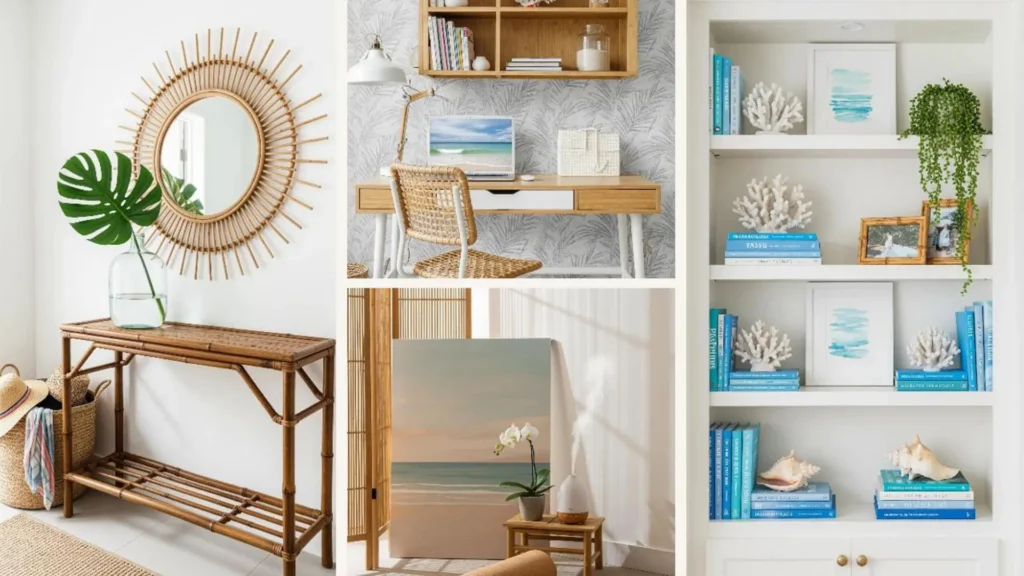 Sommerliche Wohnideen mit Palmen-Vibes, Bambus-Möbeln und Stranddeko. Ein Home-Office und Regal mit Meeresakzenten.