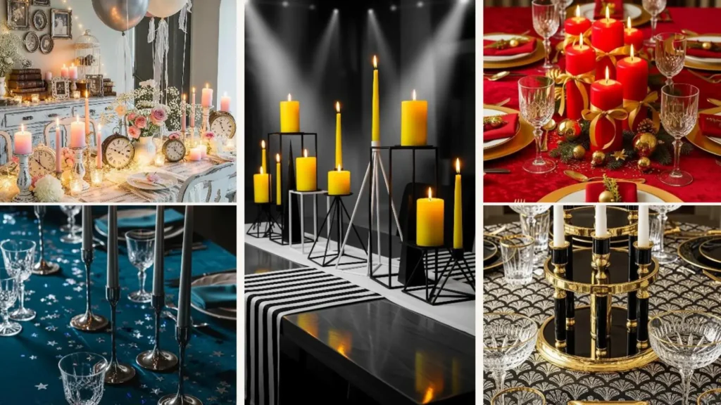 Funkelnde Neujahrstische mit Kerzen und Lichtern in verschiedenen Farben und Stilen, festlich dekoriert.