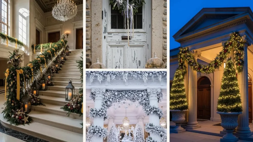 Gemütlicher Winter-Eingang mit festlicher Weihnachtsdeko, Tannengrün-Girlanden und Lichterketten.