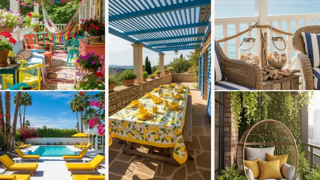 Balkon- und Veranda-Designs: Eine bunte Hängematte, Essbereich und Loungesessel für einen sommerlichen Urlaubsresort-Look.
