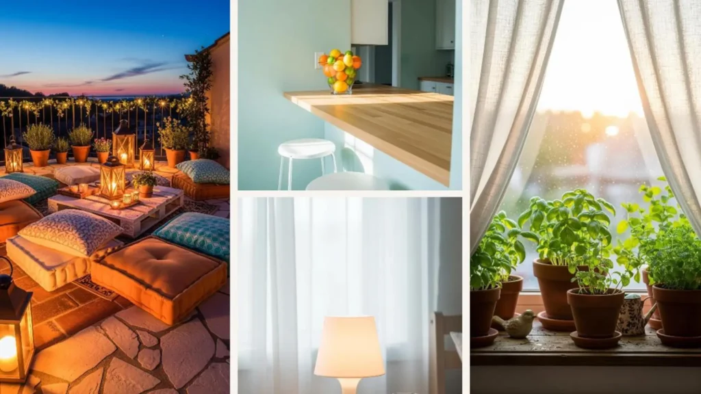 Sommerliche Deko mit luftigen Farben und natürlichen Vibes für kleine Wohnungen, wie ein gemütliches Strandhaus, mit Laternen und Pflanzen.