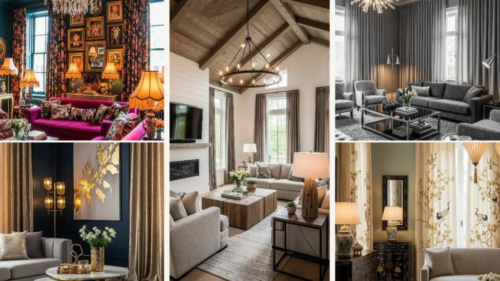Collage glamouröser Wohnzimmer mit Seidenvorhängen und Lampen, die ein warmes Ambientelicht erzeugen.