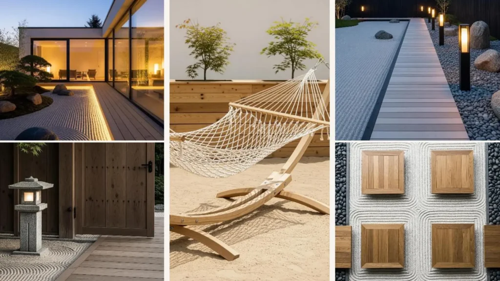 Inspirierende Japandi-Gartenideen mit Holz und Sand für einen ruhigen, minimalistischen Außenbereich.