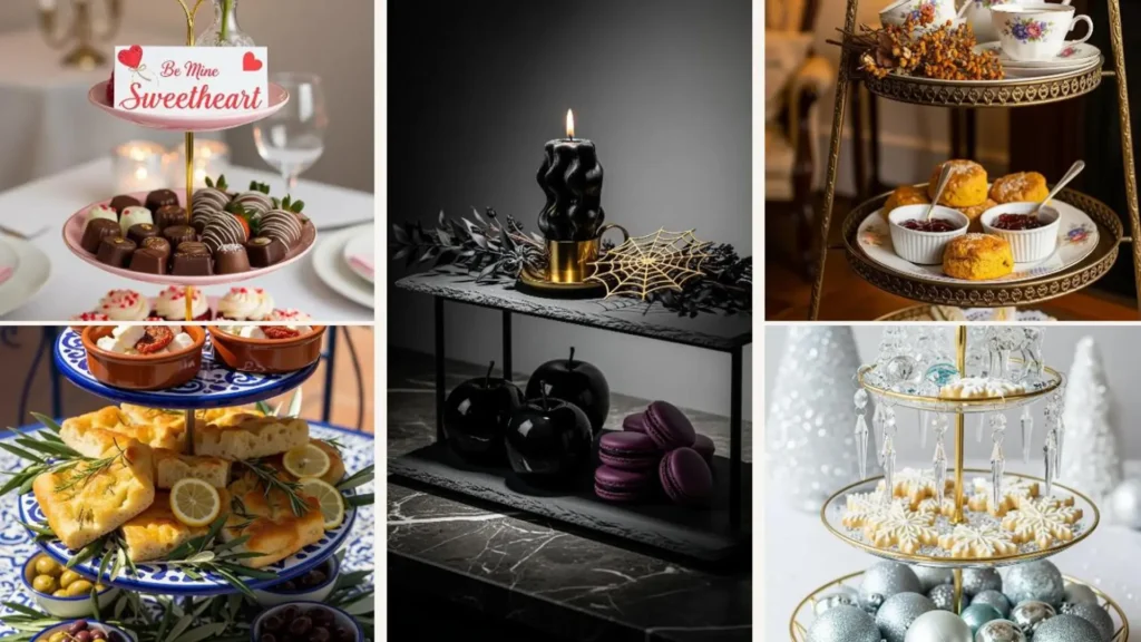 Collage mit kreativ dekorierten Etageren für jede Jahreszeit: Frühling, Sommer, Herbst und Winter Deko-Ideen.