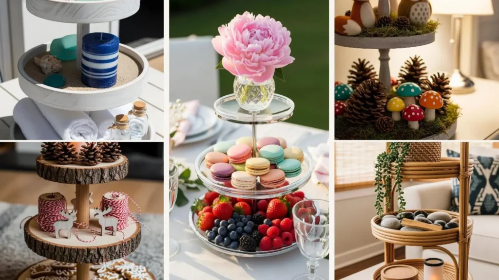 Kreative Deko-Ideen: Collage mit saisonal dekorierten Etageren für Frühling bis Weihnachten.