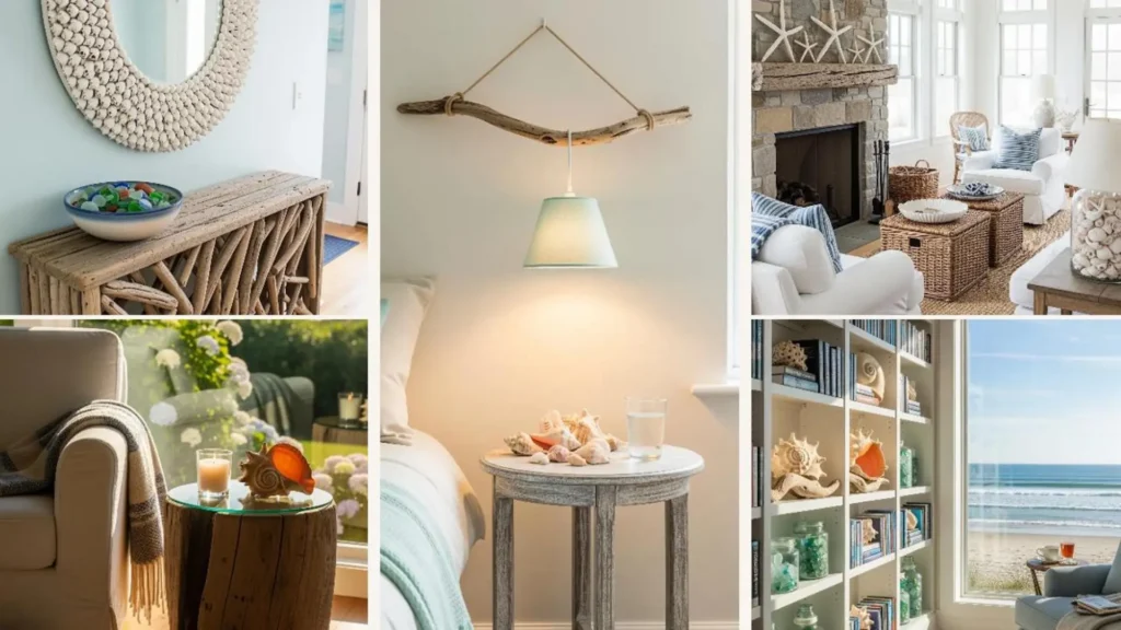 Ein helles Sommer-Zuhause im Küstenstil mit Muschel-Spiegel, Treibholz-Tisch und vielen Muscheln als Deko.