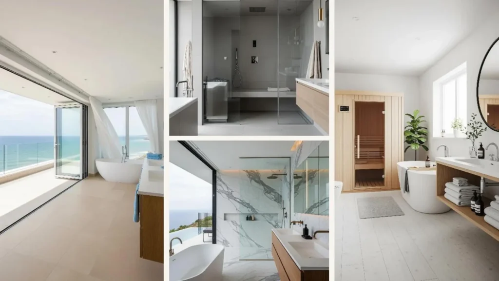 Vier luxuriöse Badezimmer in einer modernen Villa mit Wellness-Atmosphäre und Blick auf das Meer.