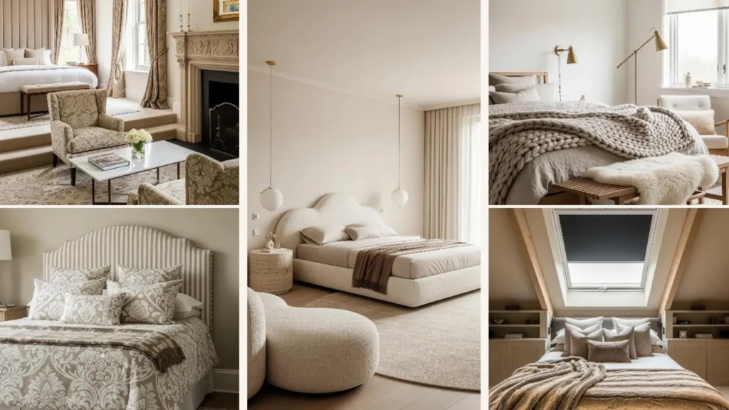 Eine Collage aus luxuriösen Schlafzimmern in sanften Beigetönen mit edlen Stoffen.