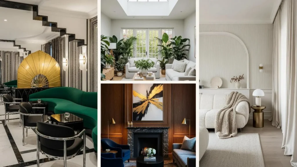 Collage von vier luxuriösen Wohnzimmern als Inspiration für ein ruhiges 5-Sterne-Hotel-Ambiente.