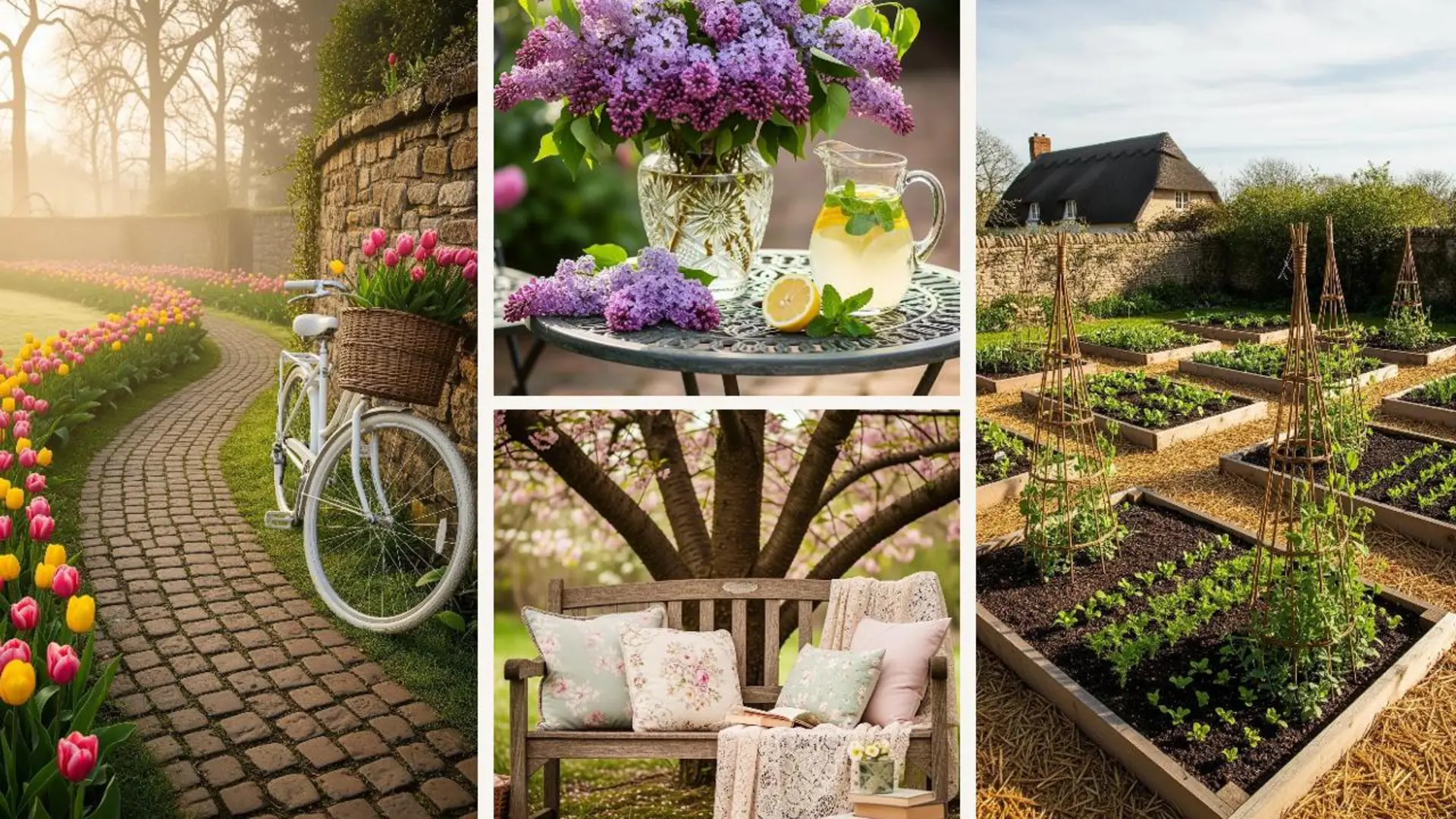 Frühlingshafter englischer Cottage Garten: Tulpenweg, Fahrrad, Fliederblüten & gemütliche Sitzecke – märchenhafte Deko.