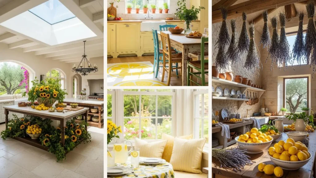 Helle mediterrane Küche voller Zitronen und mediterraner Vibes, perfekt für fröhliche Kuchen-Inspirationen.