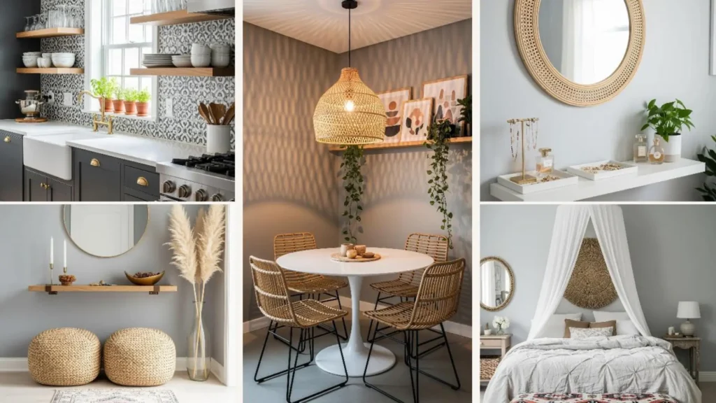 Wohnungen mit grauen Wänden, dekoriert im modernen Boho-Stil mit Naturmaterialien.