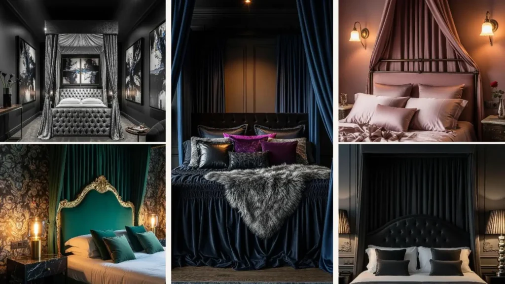 Collage mit Schlafzimmern voll exklusivem Boutique-Charakter und opulenten Samt-Himmelbetten in dunklen Tönen.