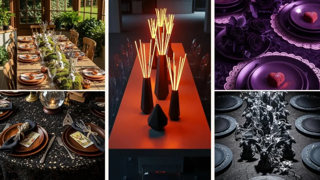 Elegante Halloween Tischdeko für eine stilvolle Dinnerparty: festlich gedeckte Tische mit kreativen Dekorationen und Akzenten.
