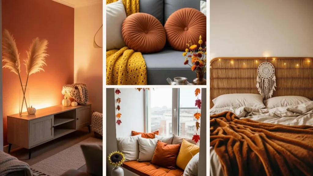 Herbstliche Boho-Wohnideen für kleine Wohnungen: Gemütliches Interieur mit warmen Farben, Pampasgras & Deko-Kürbissen.