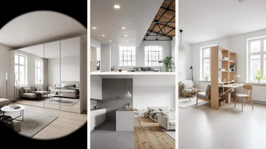 Drei minimalistische Studio-Apartments mit cleveren Raumteilern zur Schaffung von klaren Wohnzonen.