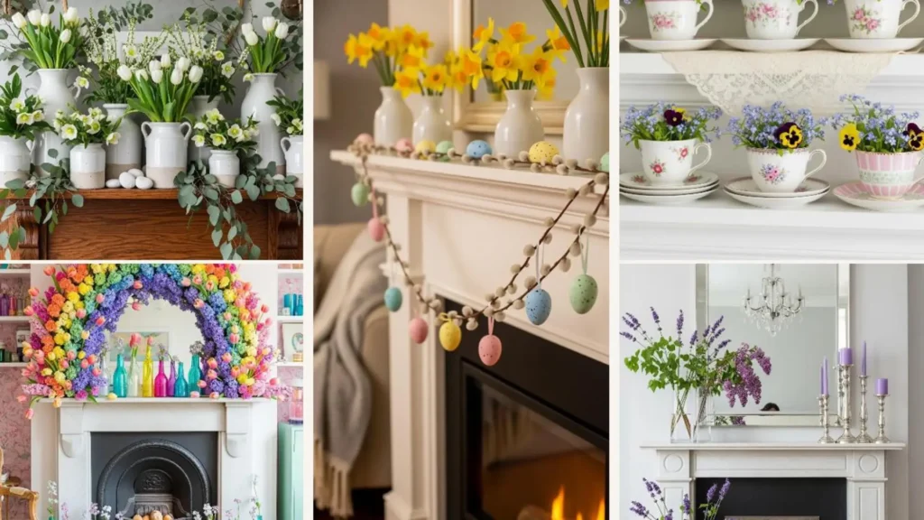 Frühlingshafte Kaminumrandung: Ideen mit Blumen und Deko in Pastellfarben für ein schönes Wohnzimmer.