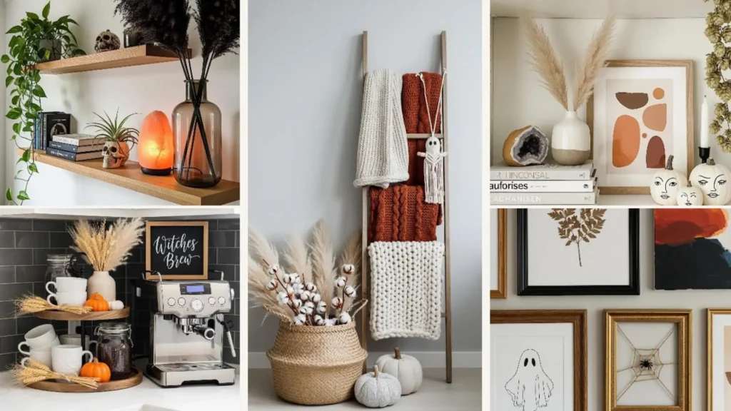 Warme Boho Halloween Deko-Ideen: Pampasgras, Kürbisse & Naturmaterialien schaffen gemütliche Herbststimmung.