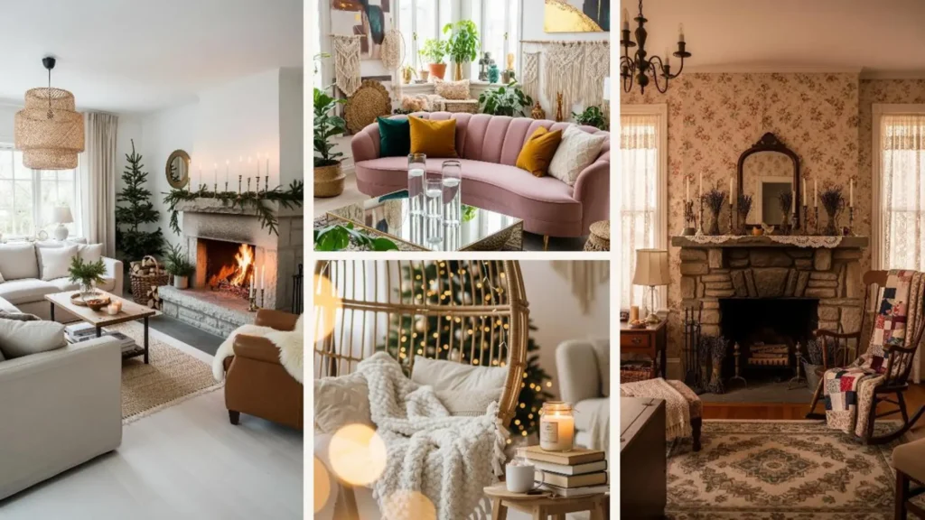 Gemütliche Boho-Wohnzimmer mit Kamin, Kerzenlicht und kuscheligen Textilien für warme Winterabende.