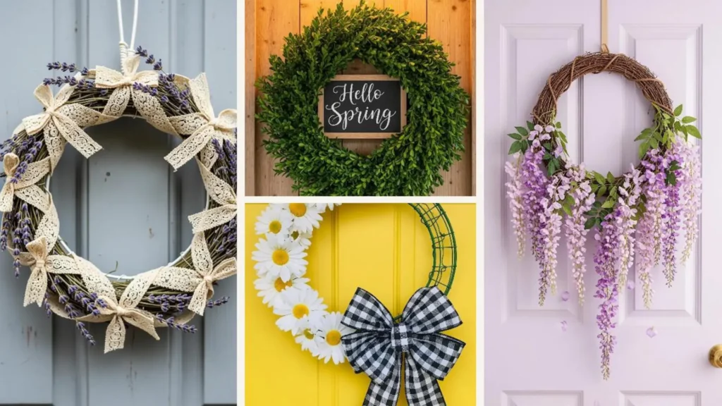 Einfache Frühlingskränze für die Haustür: Vielfältige Bastelideen mit Lavendel, Blättern und bunten Blumen.