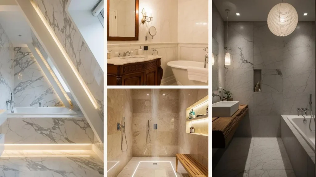 Collage von eleganten Badezimmern mit Marmorwänden, die von sanftem Spa-Licht stimmungsvoll beleuchtet werden.