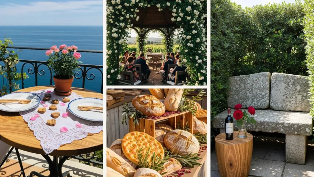 Elegante italienische Gartendeko mit Olivenholz-Herzen & Rosen für Jubiläumsfeiern, inkl. Hochzeit & Tafel am Meer.