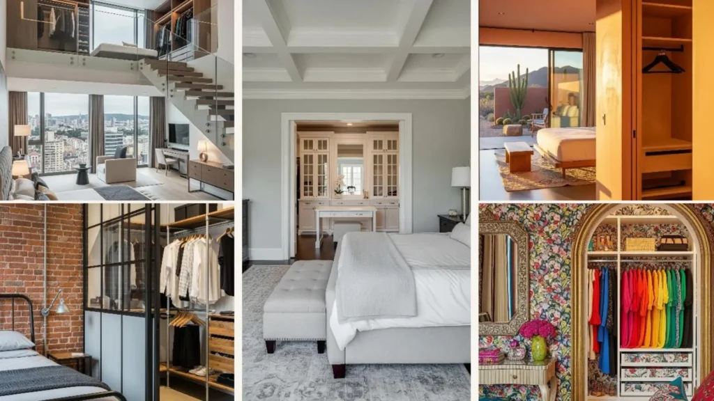 Collage mit eleganten Schlafzimmern und begehbaren Kleiderschränken für einen echten Suite-Look.