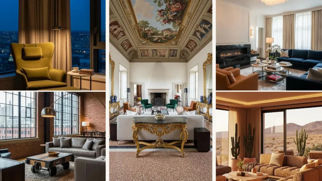 Collage: 5 elegante Wohnzimmer mit Hotel-Suite-Atmosphäre für luxuriösen 5-Sterne-Komfort im eigenen Zuhause.