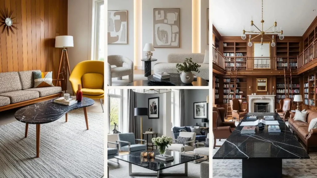 Collage von eleganten Wohnzimmern, die einen schwarzen Marmortisch als Statement-Piece in Szene setzen.