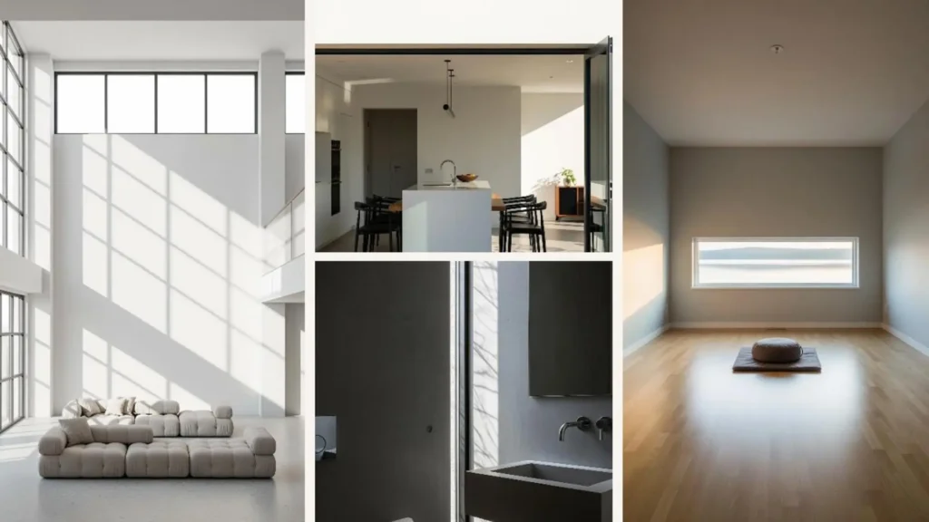 Helle, minimalistische Räume mit gardinenlosen Fenstern, die viel Licht hereinlassen und starke Schatten werfen.
