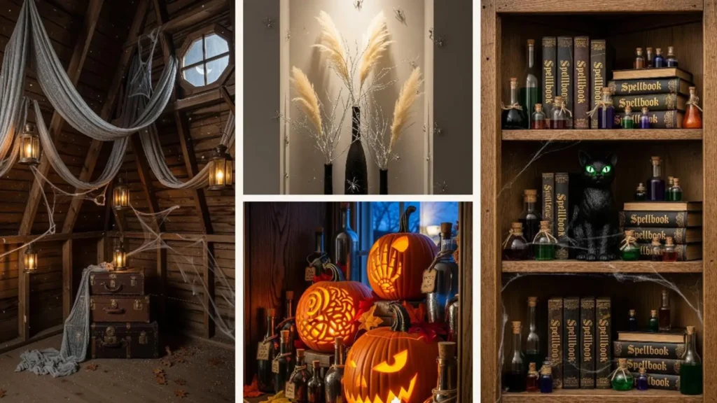 Vielfältige Halloween Deko für kleine Ecken: Regale mit Zauberbüchern, leuchtende Kürbisse & Spinnweben-Deko.