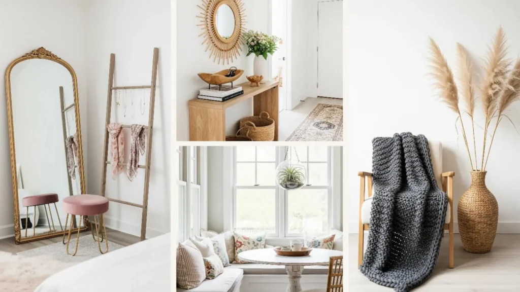 Collage mit hellen Boho-Dekor-Ideen für eine Wohnung mit weißen Wänden und natürlichen Dekorationen.