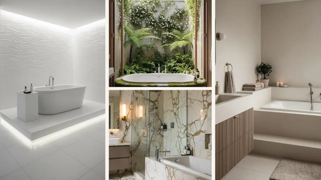 Eine Collage von vier luxuriösen Badezimmern mit eleganten, integrierten Badewannen auf einem Podest.