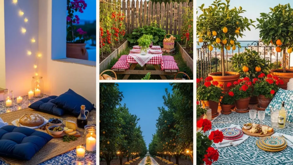 Mediterranes italienisches Garten-Picknick mit romantischer Tischdeko unter Lichterketten.