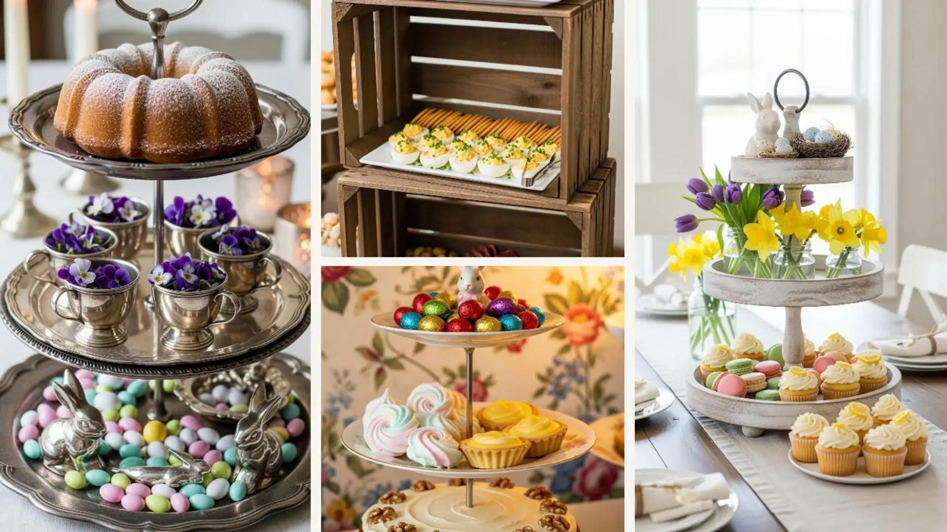 Collage von Etageren für Ostern: Dekoriert mit Blumen, Hasen und pastell-farbenen Kuchen im Cottagecore-Stil.