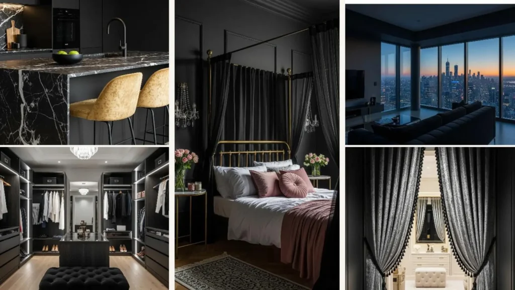 Stilvolle Räume im dunklen Luxus: Collage mit anthrazitfarbenen Wänden und eleganten Samtakzenten in Gold und Rosa.