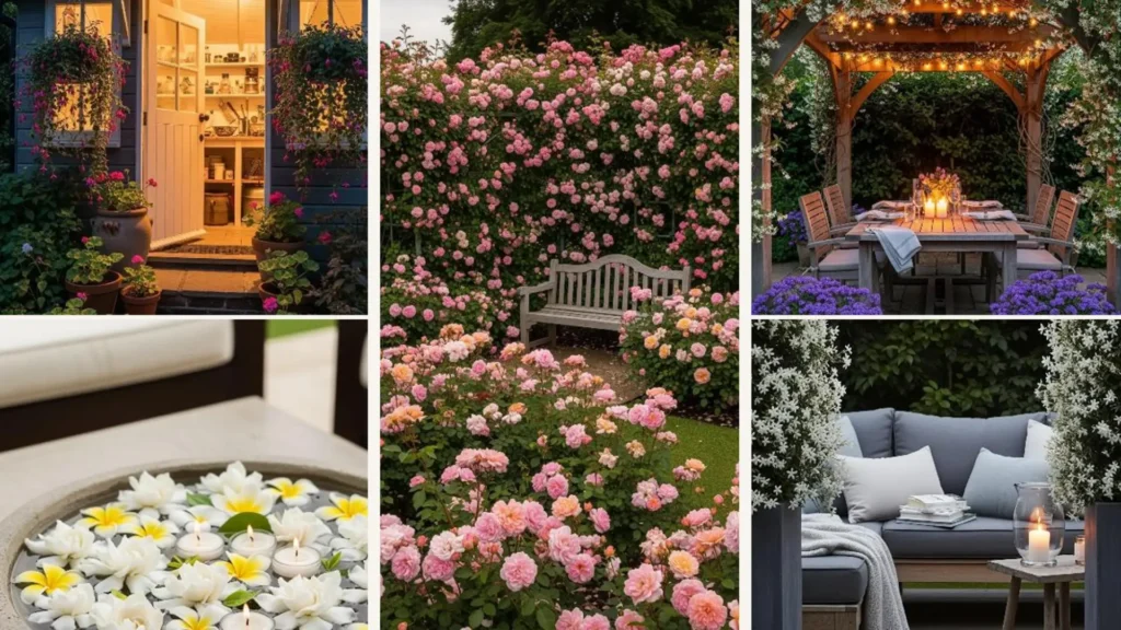 Idyllischer englischer Abendgarten mit blühenden Duftblumen, romantischer Beleuchtung und einladenden Sitzgelegenheiten.