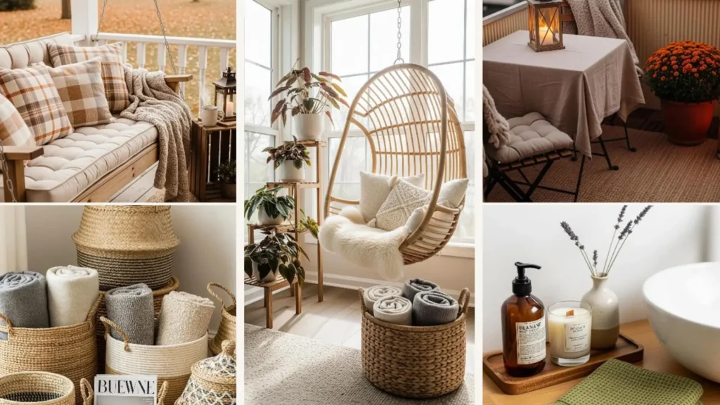 Boho-Herbst-Deko in Naturfarben: Kissen, Decken und Körbe schaffen eine warme, ruhige und gemütliche Stimmung.