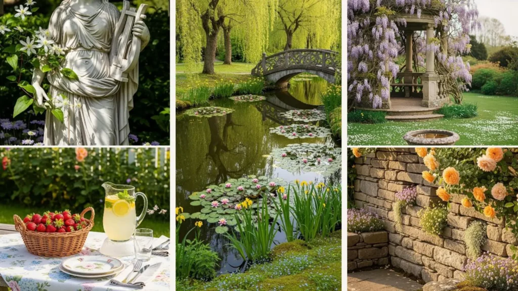 Ein verträumter englischer Garten mit einem Teich, Steinbrücke und zarten Pastellblumen, inspiriert von Jane Austen.